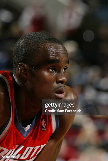 Emeka Okafor of the Charlotte Bobcats looks on during a game against the Portland Trail Blazers on October 16, 2004 at the Rose Garden Arena in...