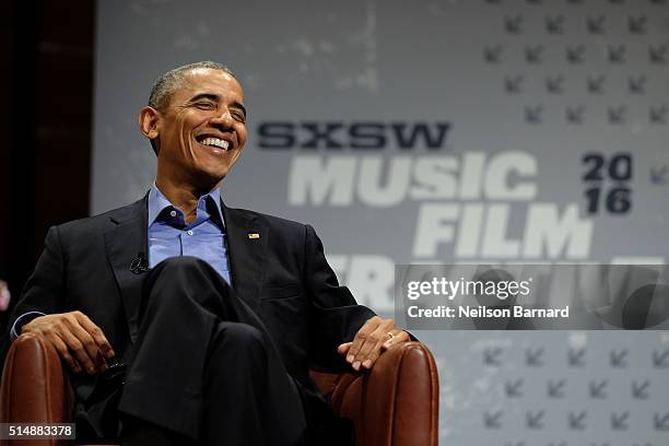 President Barack Obama speaks at the opening Keynote during the 2016 SXSW Music, Film + Interactive Festival at Long Center on March 11, 2016 in...