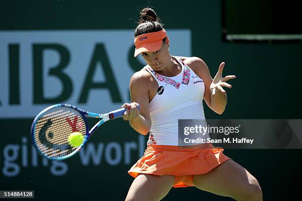 Danka Kovinic of Montenegro returns a shot against Petra Kvitova of Czech Republic during the BNP Paribas Open at the Indian Wells Tennis Garden on...