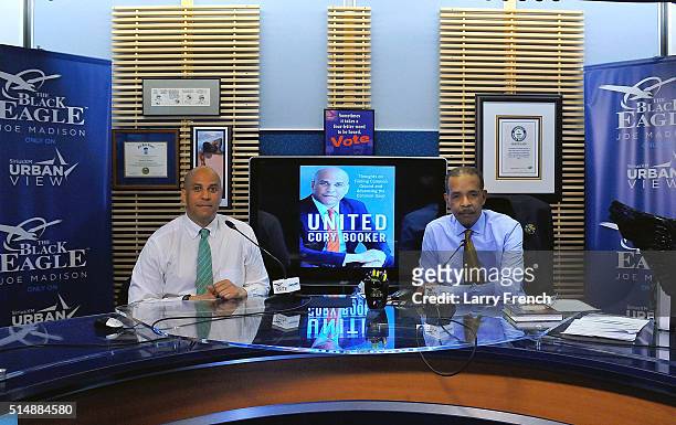 Senator Corey Booker appears for a sit-down interview with Joe Madison The Black Eagle at SiriusXM Studio on March 11, 2016 in Washington, DC.