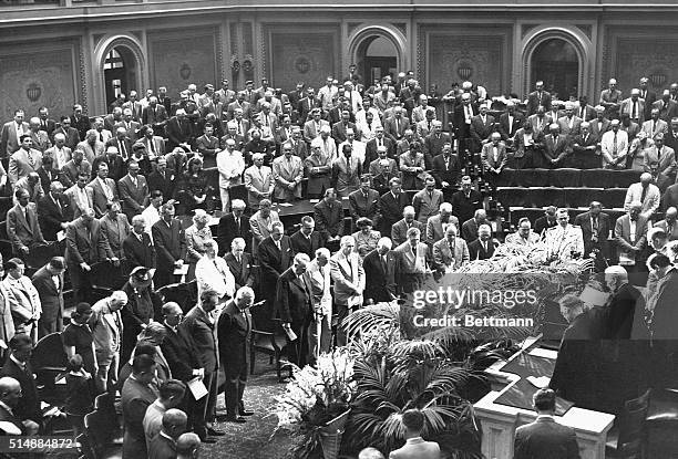 Members of Congress gather for a memorial service for Franklin Delano Roosevelt held in the House Chamber. Also in attendance are Eleanor Roosevelt,...