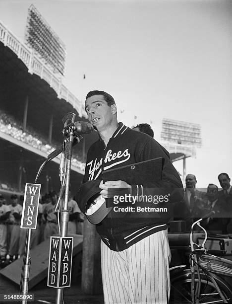 New York, NY:Joe Dimaggio tribute, Pre-Game ceremony at which he was showered with gifts, Yankee Stadium.