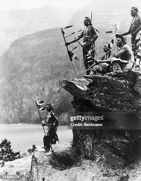 Glacier National Park, MT-Native American warriors at Glacier National Park, on the shore of St. Mary Lake, Montana. Undated photograph from the...