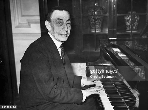 Serge Rachmaninoff: at the piano in the 1920's. Photograph.