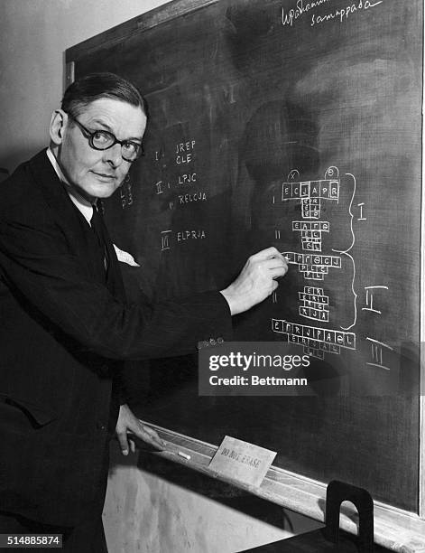 Poet and Nobel Prize winner T.S. Eliot draws a diagram of a new play in his office at the Institute of Advanced Study. The Greek letters represent...