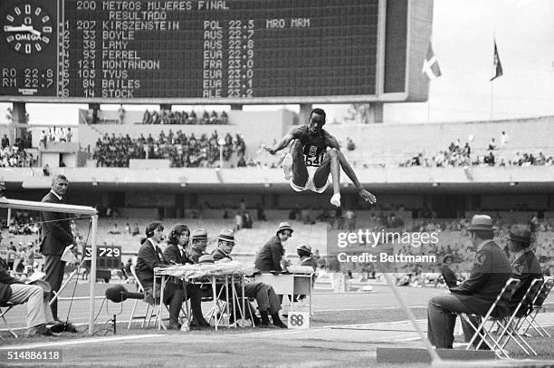 American long jumper Bob Beamon breaks the world record at the 1968 Olympics.