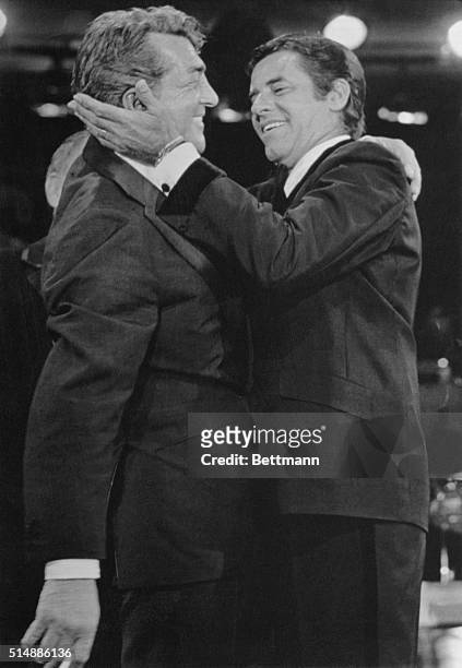 Entertainers Jerry Lewis and Dean Martin make their first national stage appearance together in more than 20 years at the Sahara Hotel in Las Vegas...