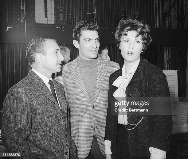 Talking backstage at the Eugene O'Neil Theatre, actress Elizabeth Allen amuses playwright Arthur Laurents and actor Sergio Franchi during a rehearsal...