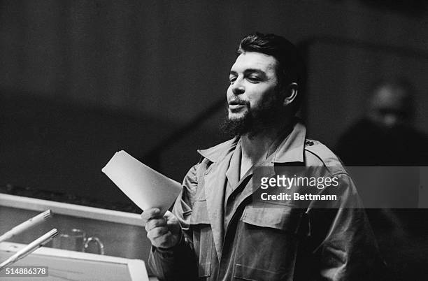 Cuba's Ernesto "Che" Guevara gestures during United Nations debate with U.S. U.N. Adlai Stevenson in the U.N. General Assembly December 11th. Guevara...