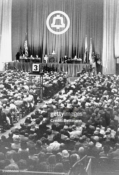 Over 5,000 stockholders of AT&T listen to Board Chairman John DeButts speak at the annual shareholders meeting at the Anaheim Convention Center. The...