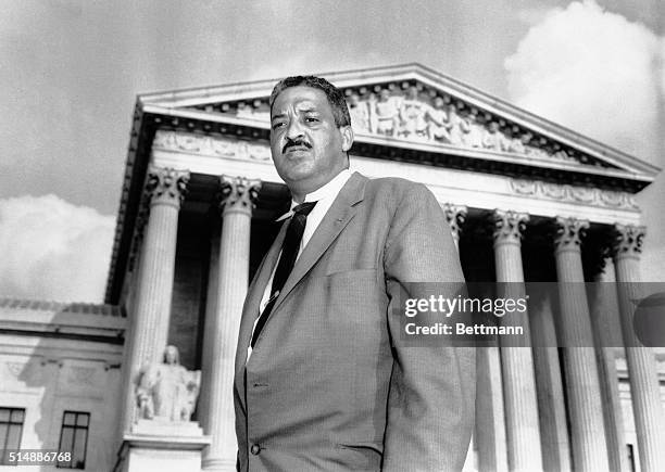 Chief Counsel Thurgood Marshall in front of the Supreme Court where he made a last-ditch appeal that would permit African American children to...