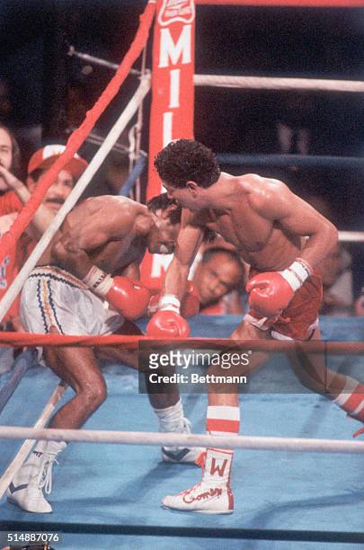 Wilfredo Gomez slams Lupe Pintor into the ropes of the ring during their bout for the Super Bantamweight Championships of the World at the Louisiana...