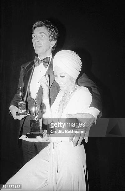 Frank Langella and Rita Moreno display their Tonys following the Tony Awards Ceremonies on April 20, 1975. Langella won his as Best Supporting Actor...