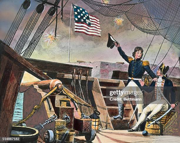 Francis Scott Key observes the bombardment and the U.S. Flag over Fort McHenry.