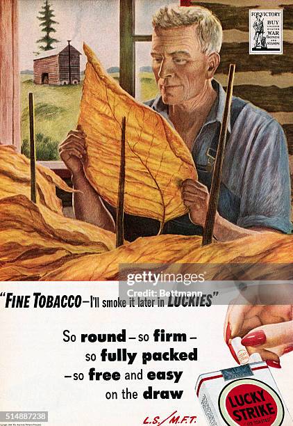 Advertisement for Lucky Strike cigarettes features a detail of Grading Leaf by Peter Hurd.