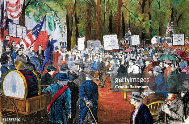 The Farmers' Movement In The West. Meeting of the Grangers in the woods near Winchester, Scott County, Illinois.