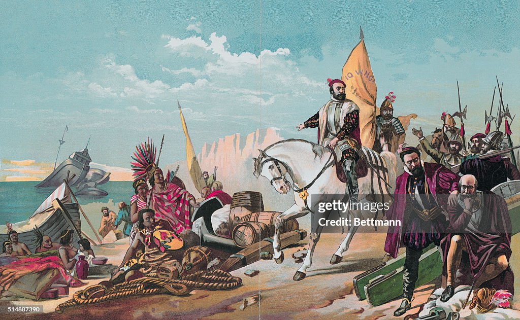 Illustration of Hernan Cortes After Ordering His Fleet Scuttled