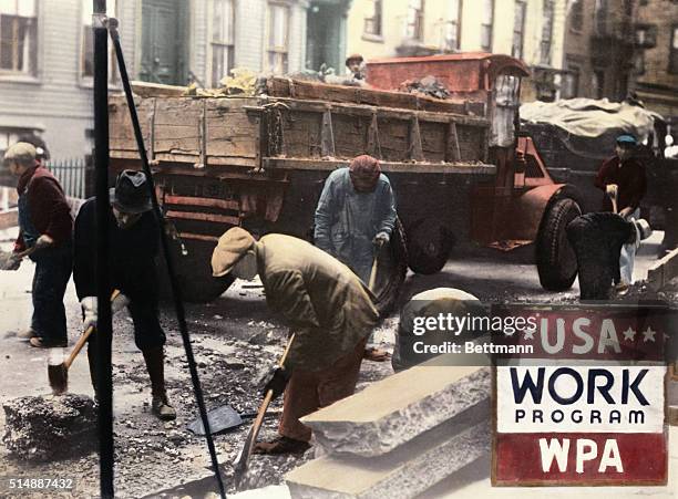 Work Program: Curb stones removed and street widened by making sidewalks narrower. Photograph, ca. 1935.