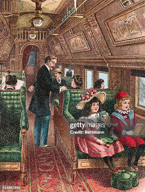 INTERIOR OF A PULLMAN CAR CA. 1900.UNDATED LITHOGRAPH.