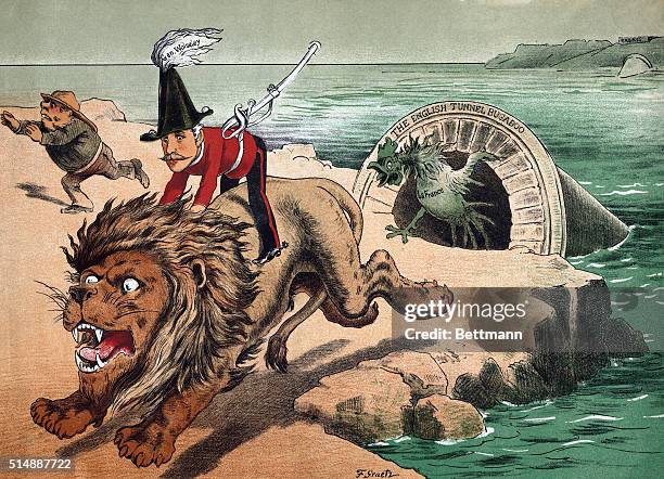 "The English Tunnel Bugaboo." Cartoon showing French Rooster chasing frightened British Lion ridden by General Wolseley.