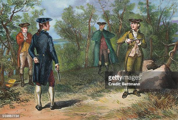 ALEXANDER HAMILTON'S DUEL WITH AARON BURR AT WEEHAWKEN, N.J., JULY 11, 1804.COLORED ENGRAVING.