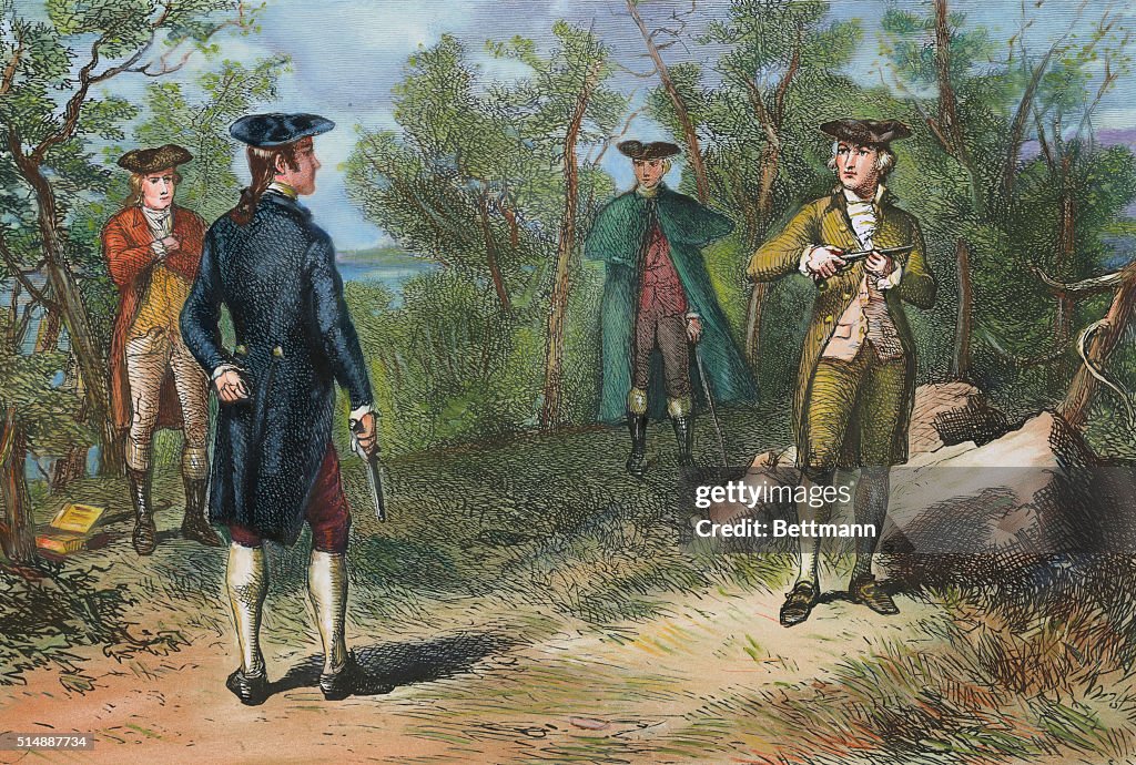 Illustration of Alexander Hamilton and Aaron Burr Preparing to Duel