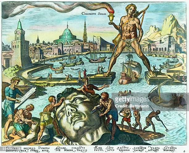 Hand-colored engraving of the Colossus of Rhodes, on of the Seven Wonders of the ancient world.