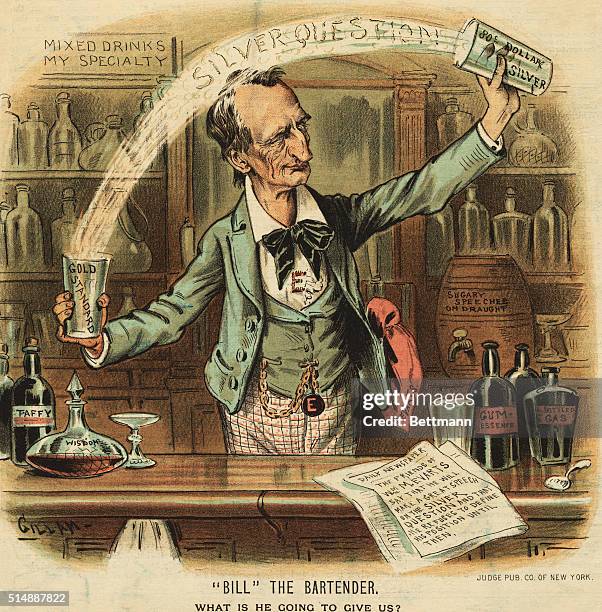 United States lawyer and statesman, William Maxwell Evarts, bartends in political cartoon.