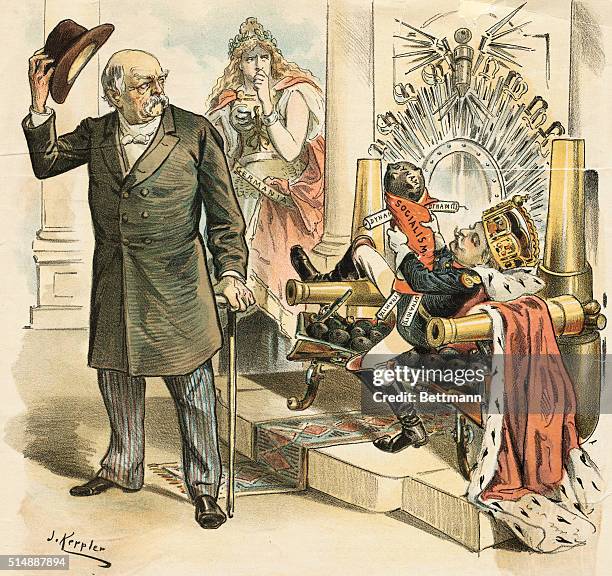 Political cartoon depicting Otto von Bismarck's resignation as the first Chancellor of the German Empire due to his disagreement with Emperor William...