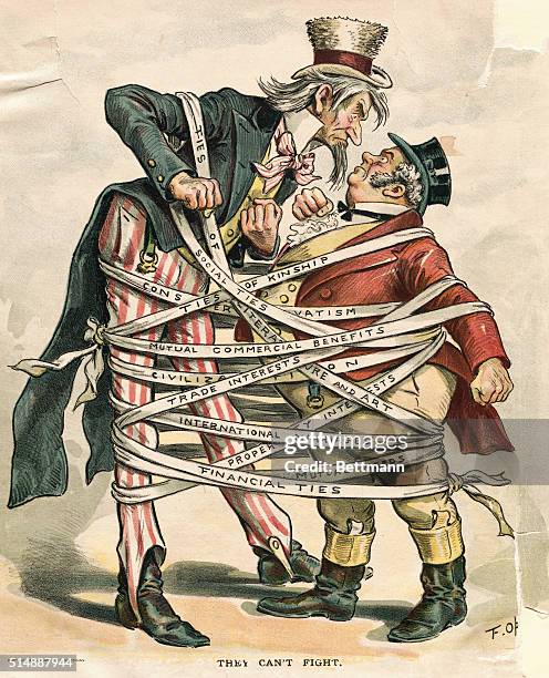 "THEY CAN'T FIGHT" POLITICAL CARTOON ILLUSTRATING VARIOUS COMMON U.S.-BRITISH INTERESTS, SHOWING UNCLE SAM AND JOHN BULL TIED TOGETHER.LITHOGRAPH,...