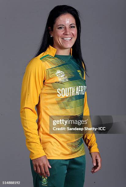 Marizanne Kapp of South Africa during the photocall of the South Africa team ahead of the Women's ICC World Twenty20 India 2016 on March 11, 2016 in...