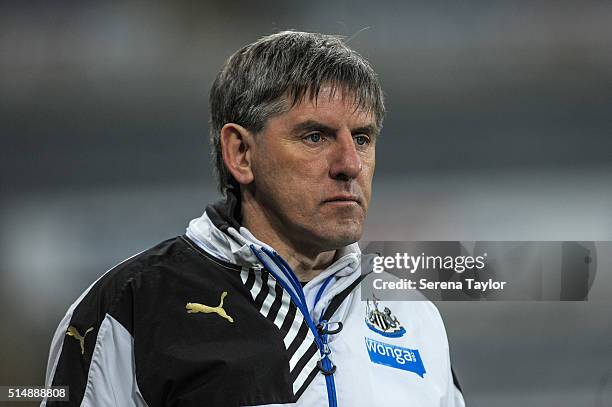 Newcastle's Football development manager Peter Beardsley looks on from pitch side during the Barclays U21 Premier League Match between Newcastle...