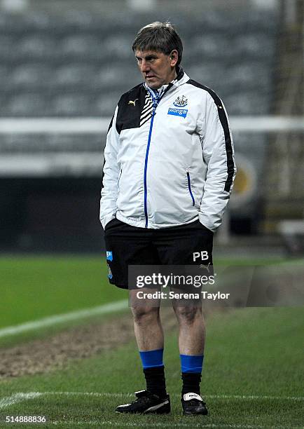 Newcastle's Football development manager Peter Beardsley looks on from pitch side during the Barclays U21 Premier League Match between Newcastle...