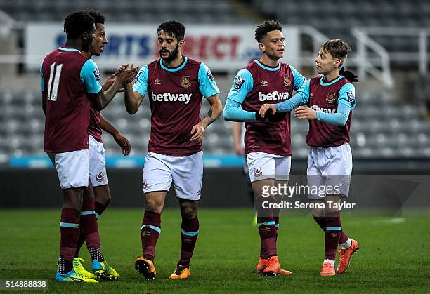 West Ham United players celebrate during the Barclays U21 Premier League Match between Newcastle United and West Ham United at St.James' Park on...