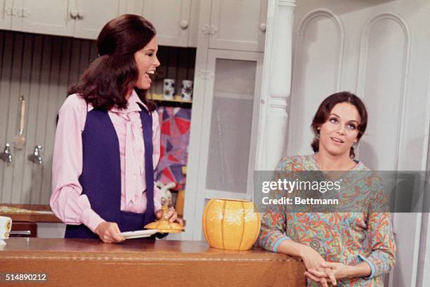 Mary Tyler Moore and Valerie Harper on the set of The Mary Tyler Moore Show. The show ran from 1970-1974.