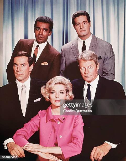 Clockwise from front, the cast of Mission: Impossible Barbara Bain, Peter Graves, Peter Lupis, Greg Morris and Martin Landeau. A Desilu Productions...