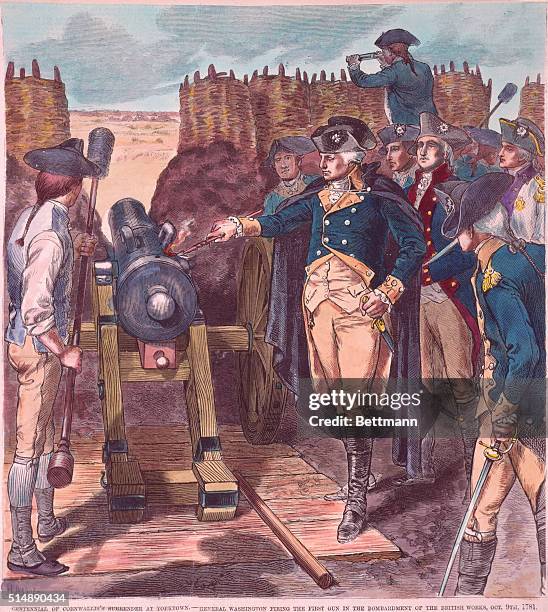 Centenial of Cornwallis's surrender at Yorktown. General George Washington firing the first gun in the bombardment of the British works, October 9,...