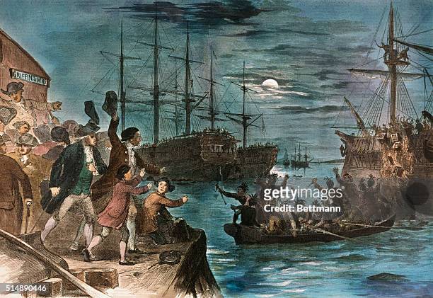 Boston Tea Party destroying tea in Boston Harbor December 16, 1773.