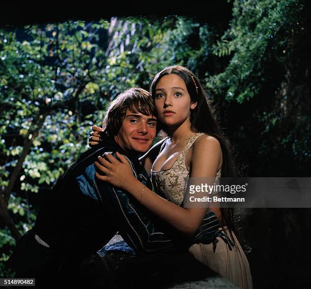 Leonard Whiting plays Romeo Montague and Olivia Hussey plays Juliet Capulet in the 1968 production of Shakespeare's Romeo and Juliet directed by...