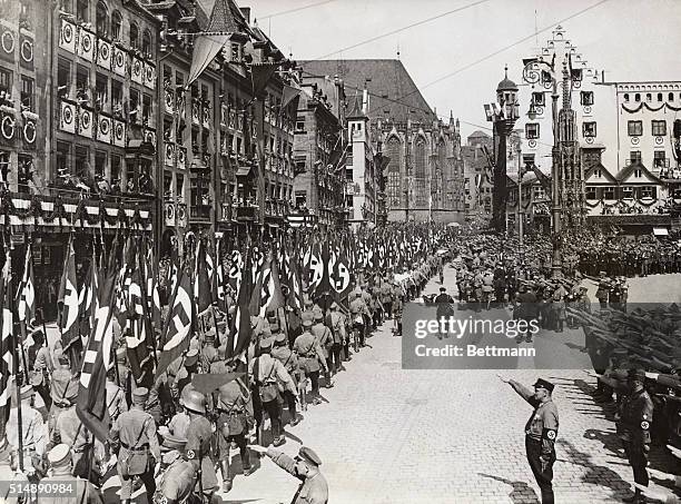 Nuremberg, Germany: Nazi Storm Troopers marching through the streets of Nuremberg after the great demonstration in the Luitpoldhain.