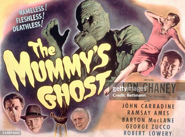 Movie poster for the 1944 Universal Pictures production, The Mummy's Ghost, starring Lon Chaney as Kharis. Poster reads: "NAMELESS! DEATHLESS!...