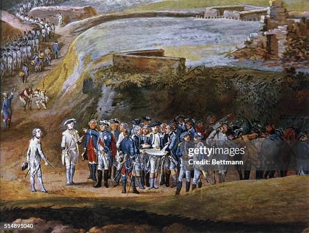 "Surrender of Yorktown", - on 10/19/1781 gouache painting by Louis Blarenbergh. Undated slide.