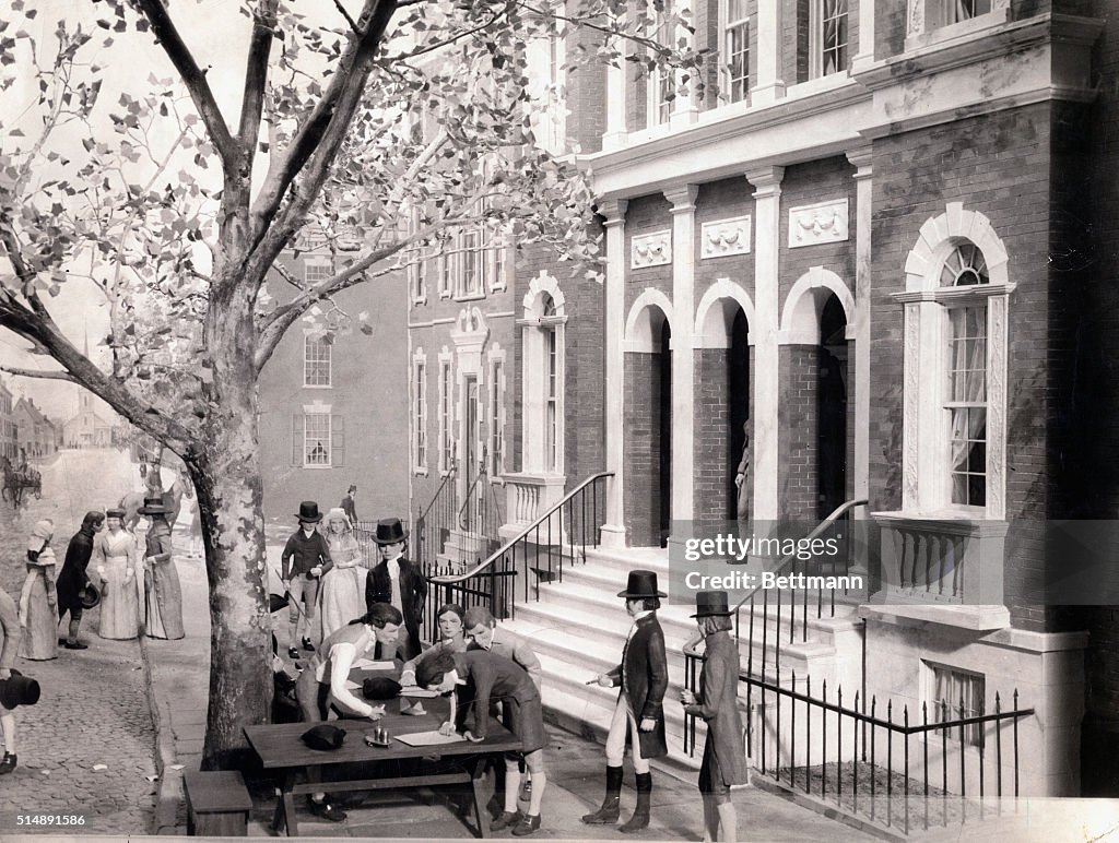 First Traders First traders meeting under the Buttonwood tree 1792. Diorama. Photo d ...