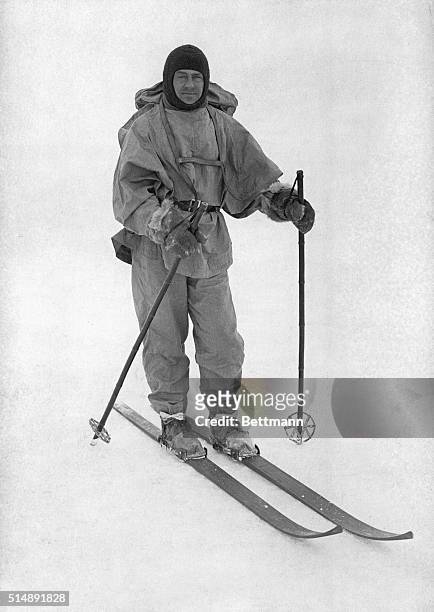 Photo shows Captain Robert Falcon Scott on skis at the South Pole. Undated Photo. R.F. Scott 1868-1912.