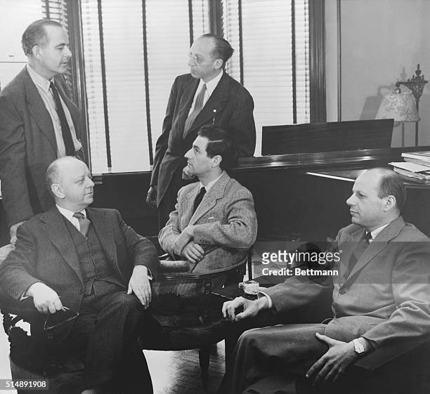 Seated, left to right, are Virgil Thompson, Gian Carlo Menotti and William Schulman. Standing, left to right, are Samuel Barber and Aaron Copland.