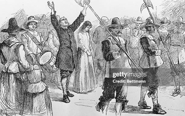 Mary Dyer, William Robinson and Marmaduke Stevenson are led to their execution, 1659. Robinson and Stevenson were hung, but Dyer was given a stay...
