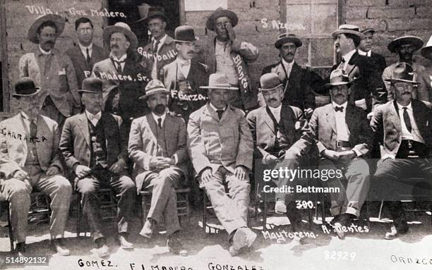 Prominent members of the Mexican Revolution of 1914. Pancho Villa upper left, F.I. Madera, second from left front.