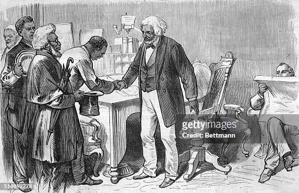 Illustration depicting American social reformer, abolitionist, orator, writer, and statesman Frederick Douglass welcoming some of his constituents to...