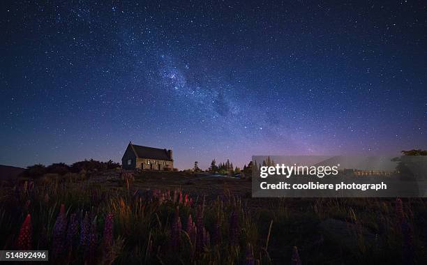 church of a good shepherd with milkyway above - sunrise clear sky stock pictures, royalty-free photos & images