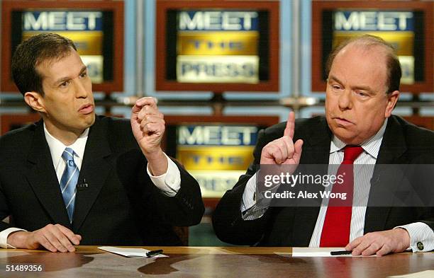 Bush-Cheney '04 Campaign manager Ken Mehlman debates Kerry-Edwards '04 Campaign chief strategist Bob Shrum on NBC's "Meet the Press" during a taping...